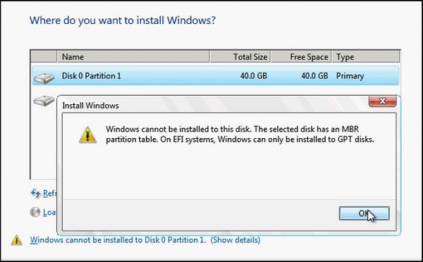 Processus d’installation de Windows, Windows ne peut pas être installé sur ce disque