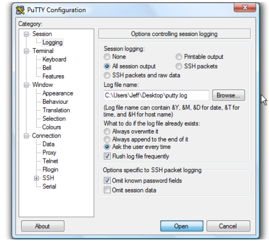 How to create log in putty session?