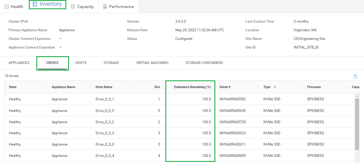 在「Inventory」（清查） 標籤上，按一下「Drive」子標籤，以檢視 PowerStore 裝置中的磁片磁碟機摘要。