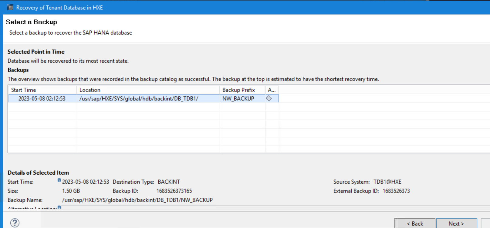 Selezionare una pagina di backup