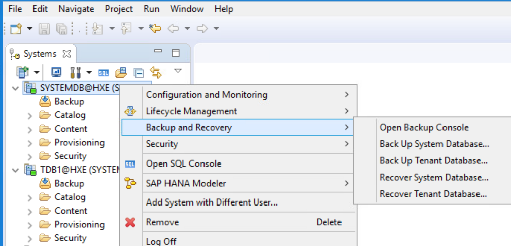 SAP HANA Studio，反白顯示SYSTEMDB@HXE （系統） 資料庫，按一下滑鼠右鍵，然後選擇備份與復原>還原租使用者資料庫