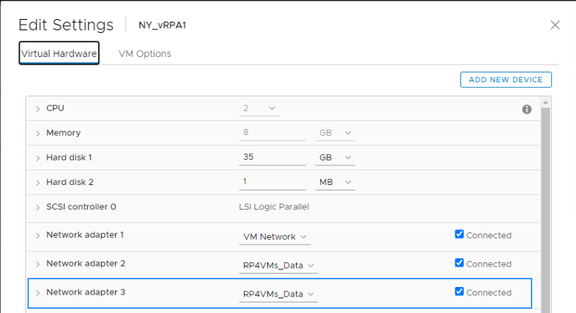 La configuración de VM muestra una vnic adicional