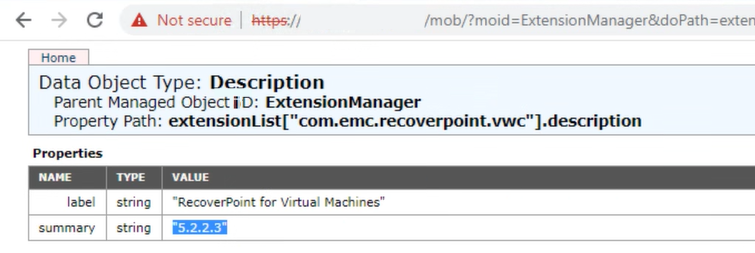 RecoverPoint 이전 확장에 대한 vCenter MOB 세부 정보