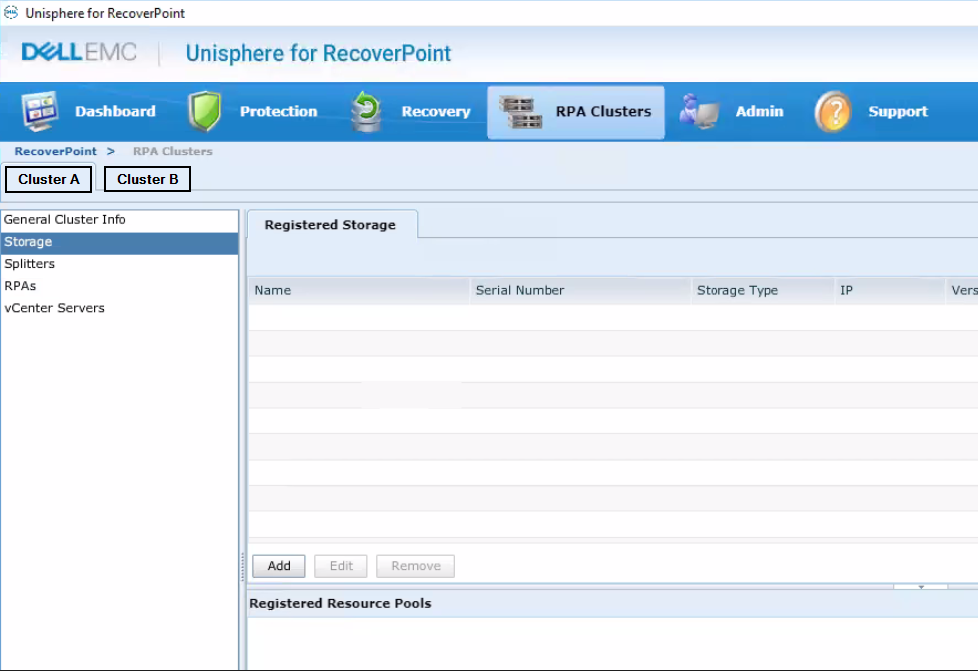 Informazioni di Unisphere che non mostrano dettagli sullo storage registrato per i cluster RPA