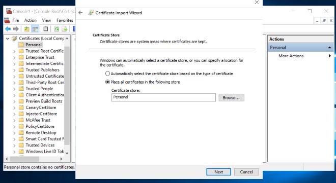 Select Place all certificates in the following store and Click Next