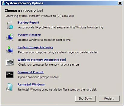 Startup repair option in the system recovery options menu