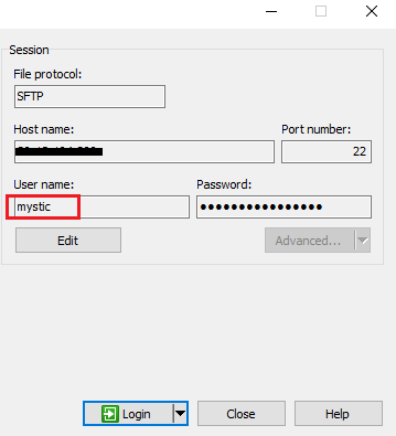 Ввод mystic в качестве имени пользователя