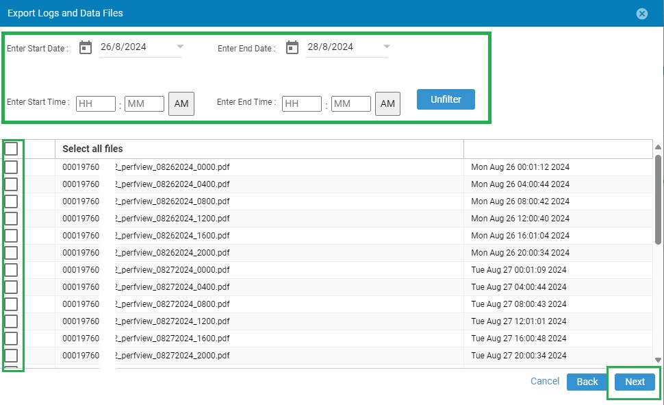 Export Logs and Data Files Screen