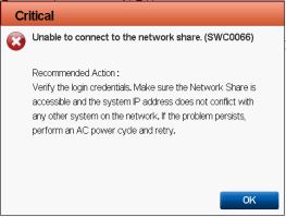 Mensaje de error cuando Lifecycle Controller no se puede conectar al recurso compartido de red