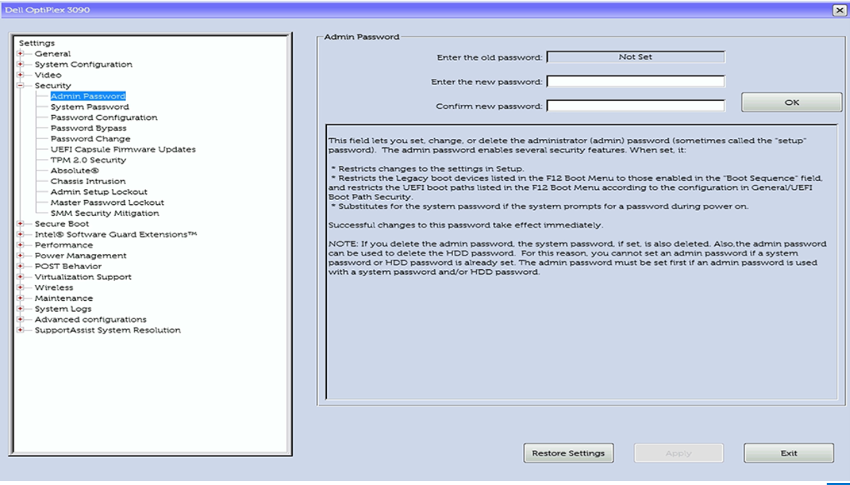 Przykład hasła administratora OptiPlex 3090