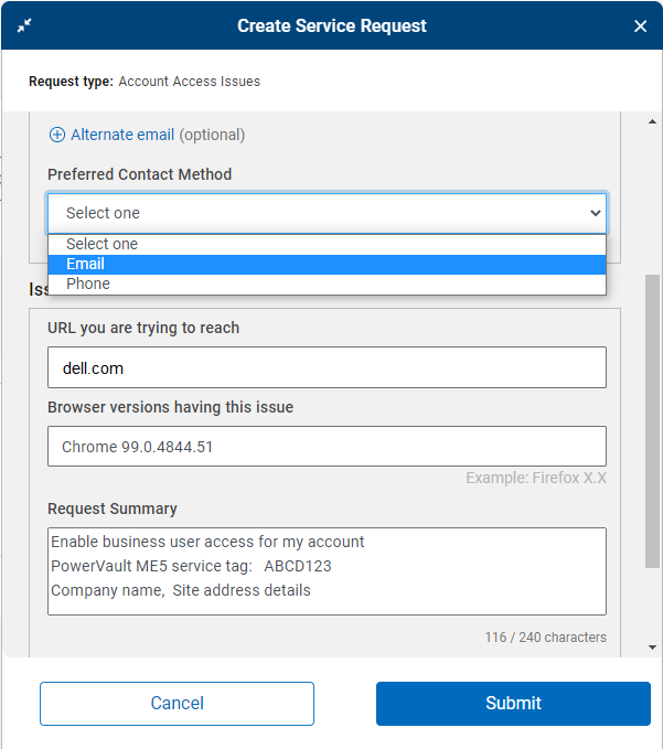 Submit - Modulo di creazione della Service Request