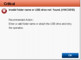 Mensaje de error cuando la exportación falla para un nombre de carpeta no válido o cuando no se encuentra la unidad USB