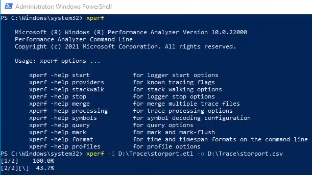 Screenshot of xperf example usage