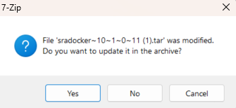 Klik på Ja for at opdatere sradocker.tar