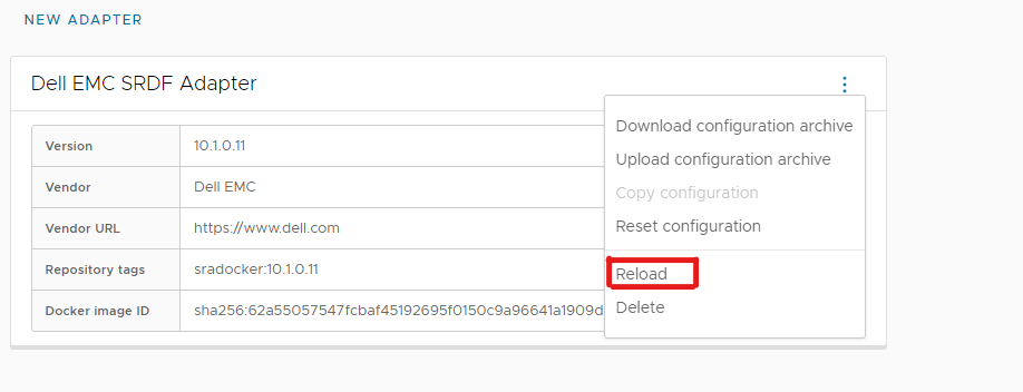 Opcja ponownego ładowania adaptera Dell EMC SRDF w menu rozwijanym