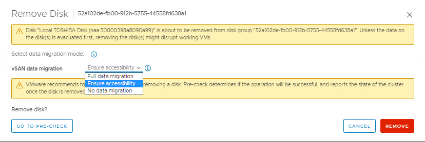 Data evacuation options when removing a disk from vSAN diskgroup using vSphere