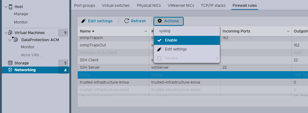 Zoek naar syslog. Klik op Actie en klik vervolgens op Inschakelen.
