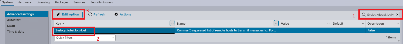 Ilustracja przedstawiająca menu internetowego interfejsu użytkownika. Wyszukaj wartość klucza: Syslog.global.logHost i kliknij opcję Edit.