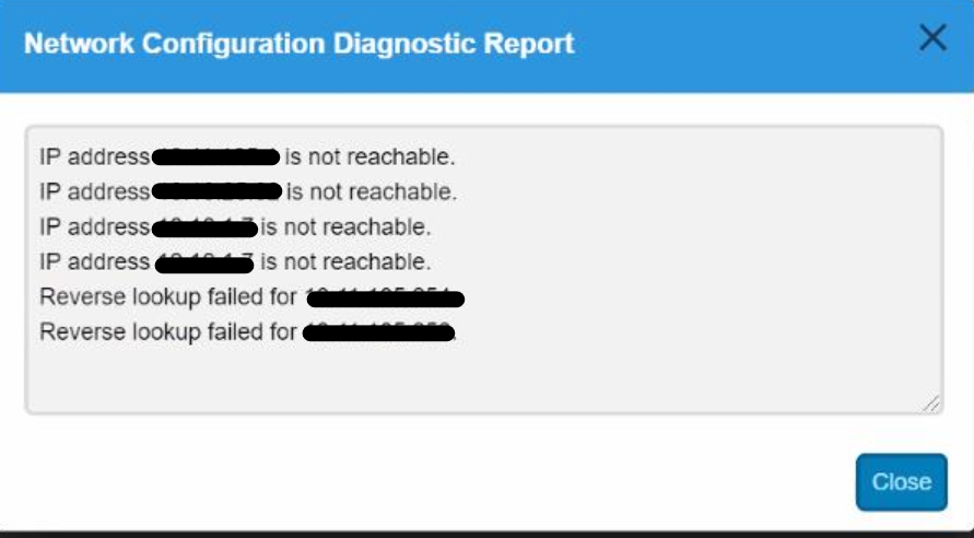 Image du rapport de diagnostic de configuration réseau affichant les messages d’erreur