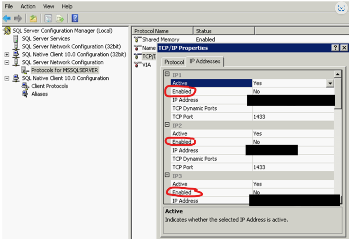 Pestaña de propiedades de IP de TCP en el administrador de configuración