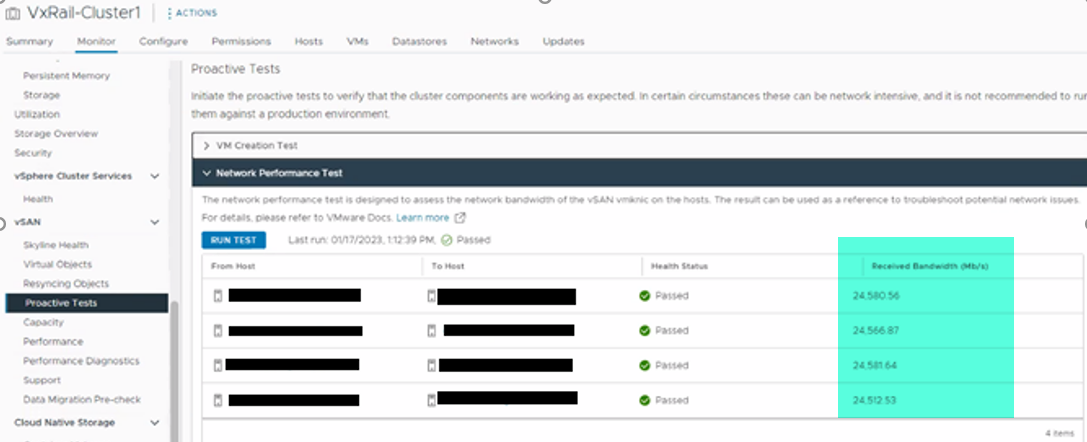 VxRail GUI showing that the network test is capable of utilizing /testing 25Gb network.