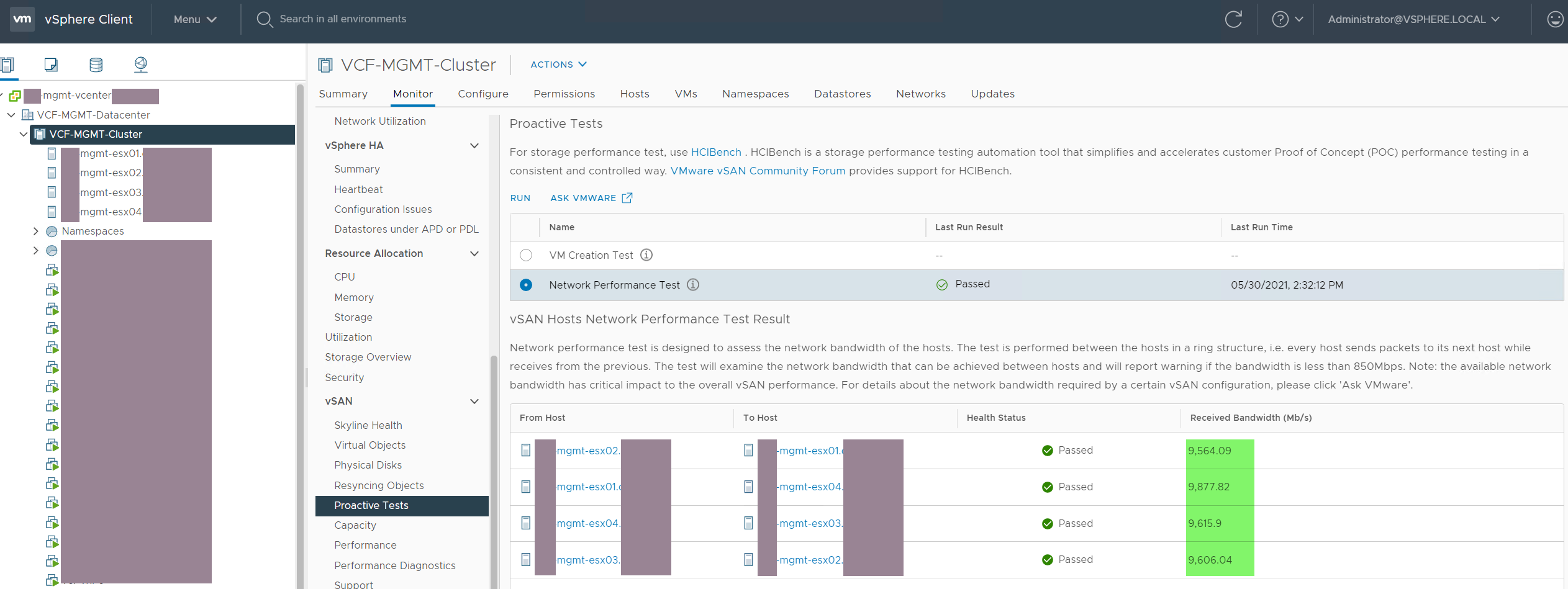 vSphere Client GUI 25Gb network infrastructure running the proactive "VSAN Hosts Network Performance Test"