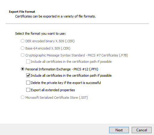 Select Personal Information Exchange -PKCS #12(.PFX)