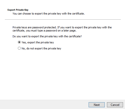 Selezionare Yes, export the private key