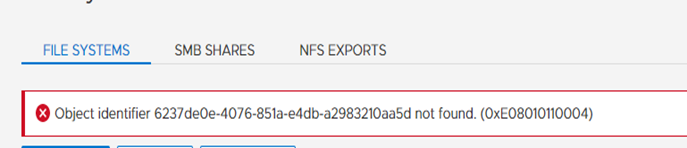 Näyttökuva PowerStoren virheilmoituksesta Object Identifier Not Found