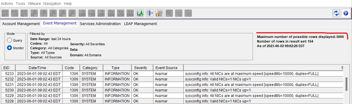 Schermata di Avamar Administrator Event Monitor