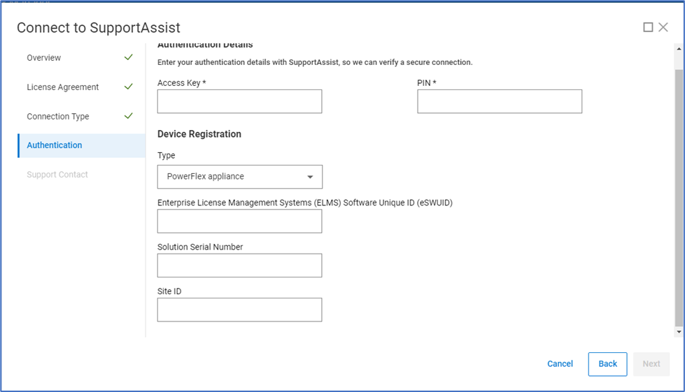 Pestaña de autenticación de support assist de la interfaz de usuario de PowerFlex Manager