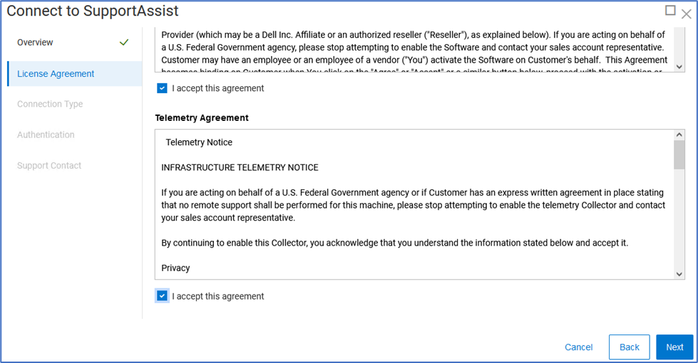 Pestaña del acuerdo de licencia de Support Assist de la interfaz de usuario de PowerFlex Manager