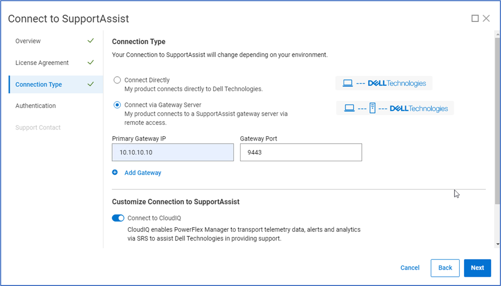 Pestaña de tipo de conexión support assist de la interfaz de usuario de PowerFlex Manager