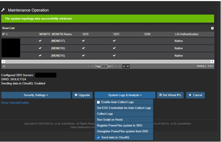 PowerFlex UI, der viser rullemenuen Systemlogfiler i fanen Vedligeholdelsesdrift