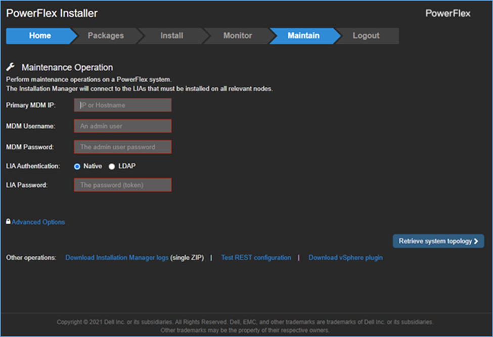 PowerFlex Installer UI met de knop 'Retrieve System Topology' op het tabblad Maintenance Operation