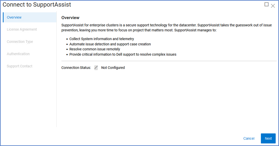 Scheda di panoramica di SupportAssist nell'interfaccia utente di PowerFlex Manager