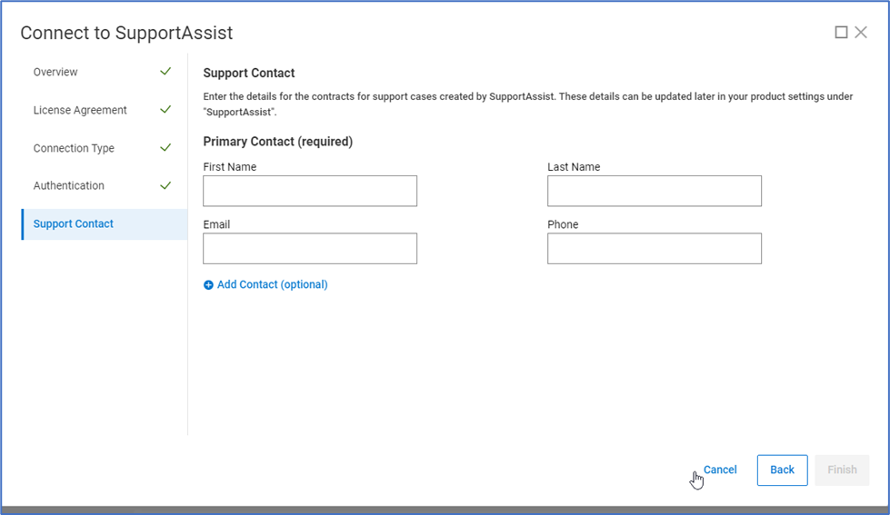 Guia support assist da interface do usuário do PowerFlex Manager com o contato de suporte selecionado