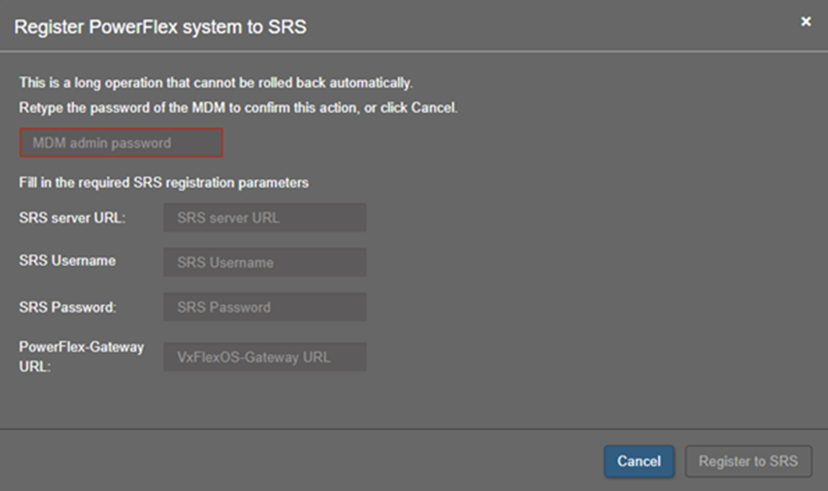 Interface do usuário do PowerFlex mostrando o menu Register PowerFlex system to SRS (Registrar sistema PowerFlex no SRS)