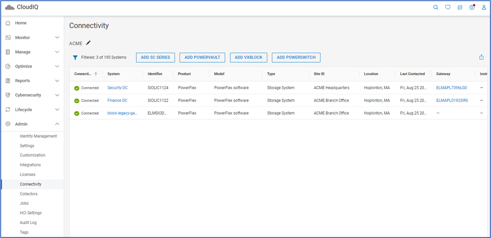 Onglet Connectivité CloudIQ affichant les systèmes connectés