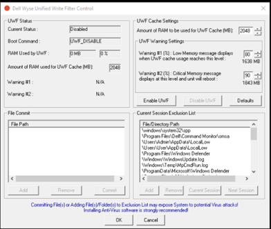 Universal Write Filter control settings