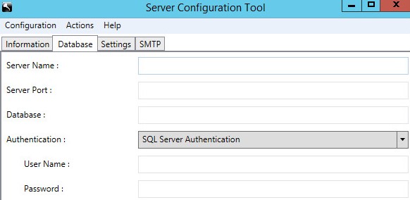 Pestaña Database de la herramienta de configuración del servidor