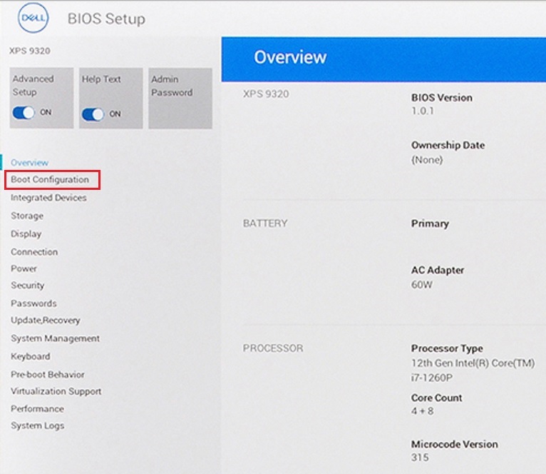 Boot Configuration on UEFI BIOS vasemmassa paneelissa