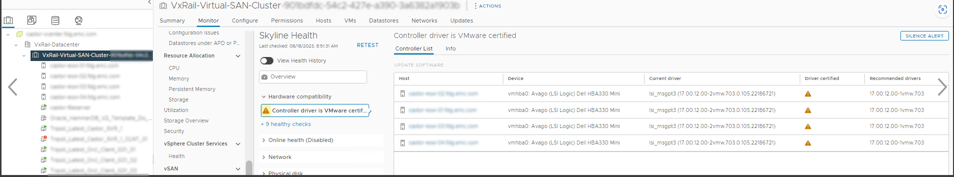 "Controller driver is VMWare certified" message on GUI