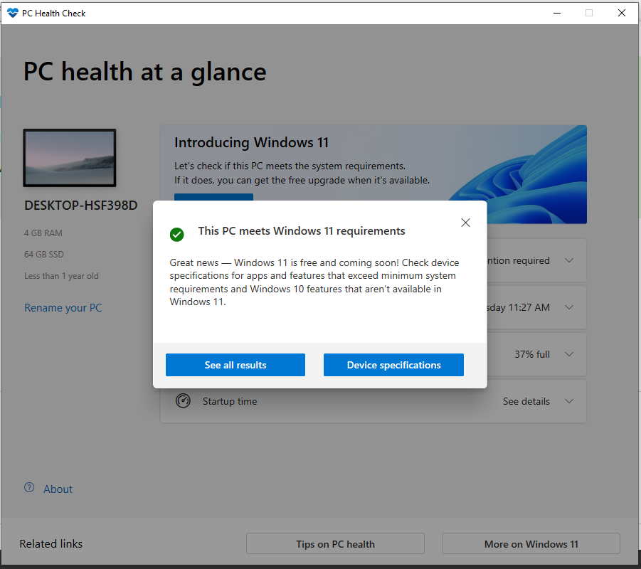 PC meets Windows 11 requirements example