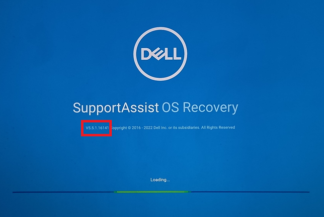 SupportAssist OS Recovery 중에 표시되는 버전 예시