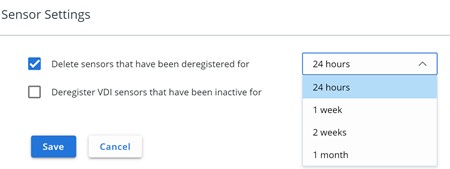 Sensor settings user interface selecting Delete sensors that have been deregistered for, selecting a time, and saving