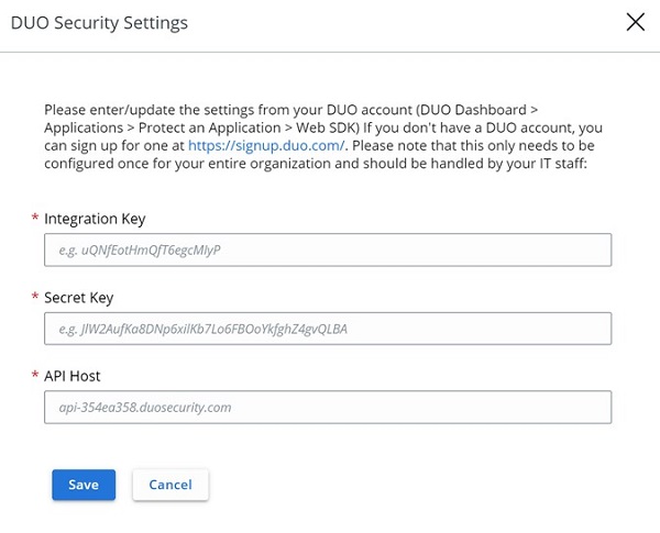 DUO Security Settings with an Integration Key field, Secret Key field, API host field, and Save button