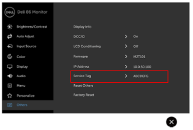 C8618QT and C5518QT Monitor Service Tag Location in Menu