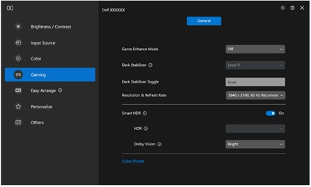 Menu Gaming — configurações gerais