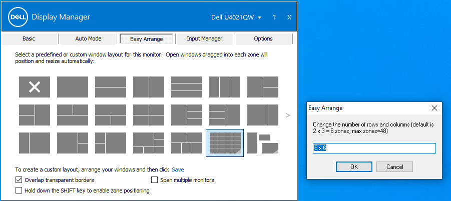 Dell Display Manager'da bölge özelleştirme ekranı